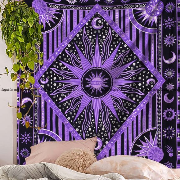 Twin Size Star Sun Purple Boho Style Wall Bed Decor Cotton Tapestry NEW - Picture 2 of 5